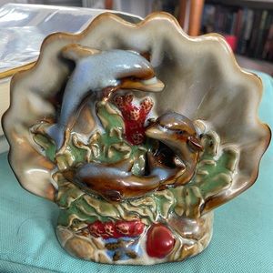 Dolphins in the coral reef, small, glossy mid century ceramic